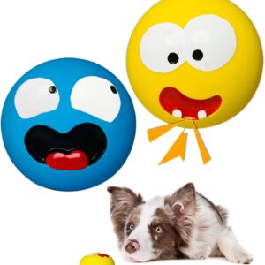 HOLYSTEED Squeaky Dog Toys for Medium Dogs, Large Breeds, Stuffed Latex Squeaky Dog Balls, Simle Face Puppy Squeaky Toys Flat Ball 2pcs